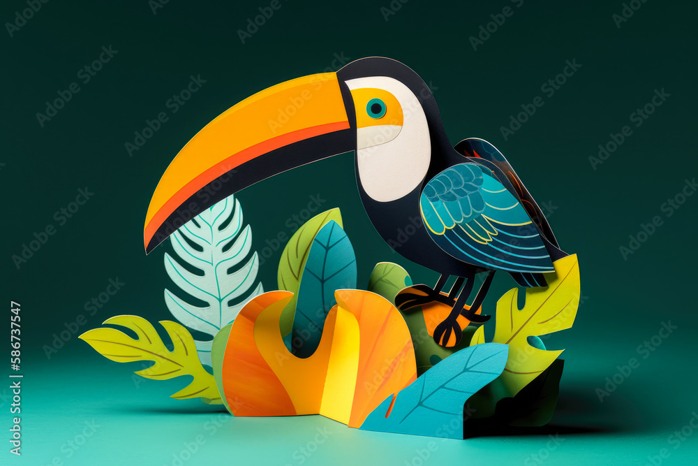Fototapeta premium paper art style, Toucan flying Kirigami card: Create a card with a toucan in mid-flight 