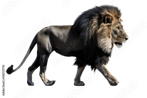 a male lion. Panthera leo  walking  trotting and running  in wildlife-themed  photorealistic illustrations on a transparent background cutout in PNG. Generative AI