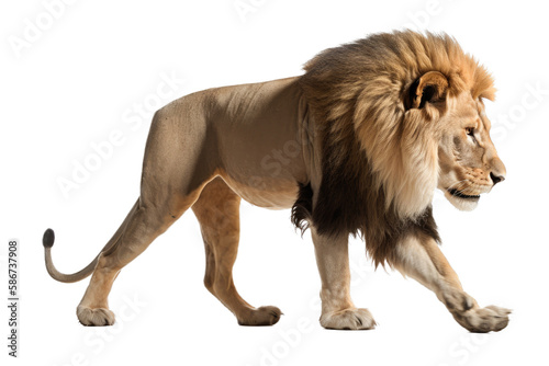 Billede på lærred an isolated lion walking side view, majestic, stalking prey, fierce jungle-themed photorealistic illustration on a transparent background in PNG