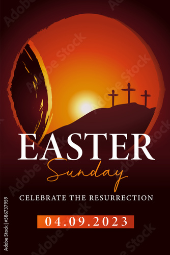 Easter Sunday church poster template. Celebrate the resurrection, invitation design for Easter worship service. Vector illustration