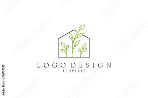Greenhouse logo, Design logo on which an simple image of a house with leaves inside.