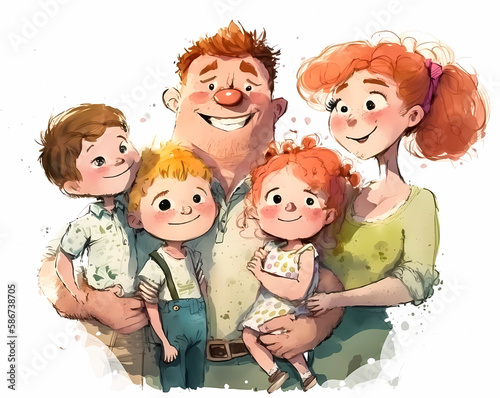 Cartoon happy family portrrait. Mother, father, sons and daughter. Digital illustration. Watercolor stylized. Generative ai photo