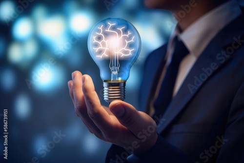 Businessman holding virtual lightbulb and brain on blue bokeh background , Smart thinking idea and inspiration innovation concept. Generative AI