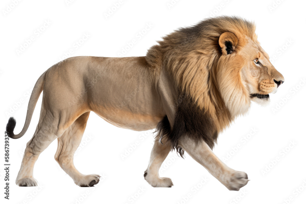 Obraz premium an isolated lion walking side view, majestic, stalking prey, fierce jungle-themed photorealistic illustration on a transparent background in PNG. Panthera leo. King of the Jungle. Generative AI