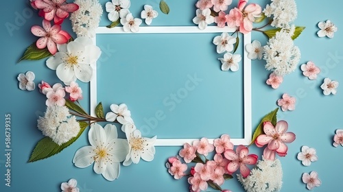 Flowers composition. Multicolors flowers on pastel blue background. Spring, easter concept. Flat lay, top view, copy space, ai generative.
