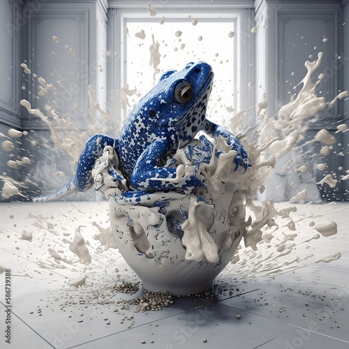 Delft blue frog jumping in a delft blue vase