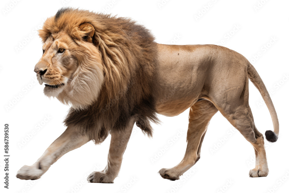 an isolated lion walking side view, majestic, stalking prey, fierce jungle-themed photorealistic illustration on a transparent background in PNG. Panthera leo. King of the Jungle. Generative AI