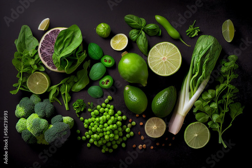 Healthy food ingredients on black background. Top view, vegetables pattern,  flat lay generative ai © Creative