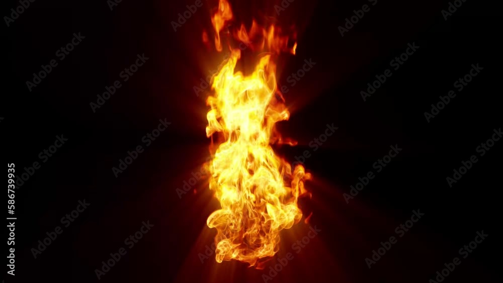 The magical glow of a sacred fire. Radial rays around the fire on a black background.