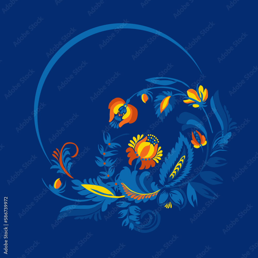 Traditional Ukrainian painting of Petrykivka. Elements of blue and yellow floral ornament. Decorative composition.