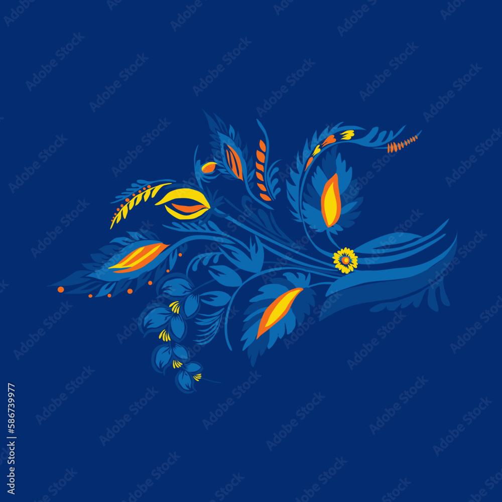 Traditional Ukrainian painting of Petrykivka. Elements of blue and yellow floral ornament. Decorative composition. Traditional Ukrainian painting of Petrykivka. Elements of blue and yellow floral ornament. Decorative composition.