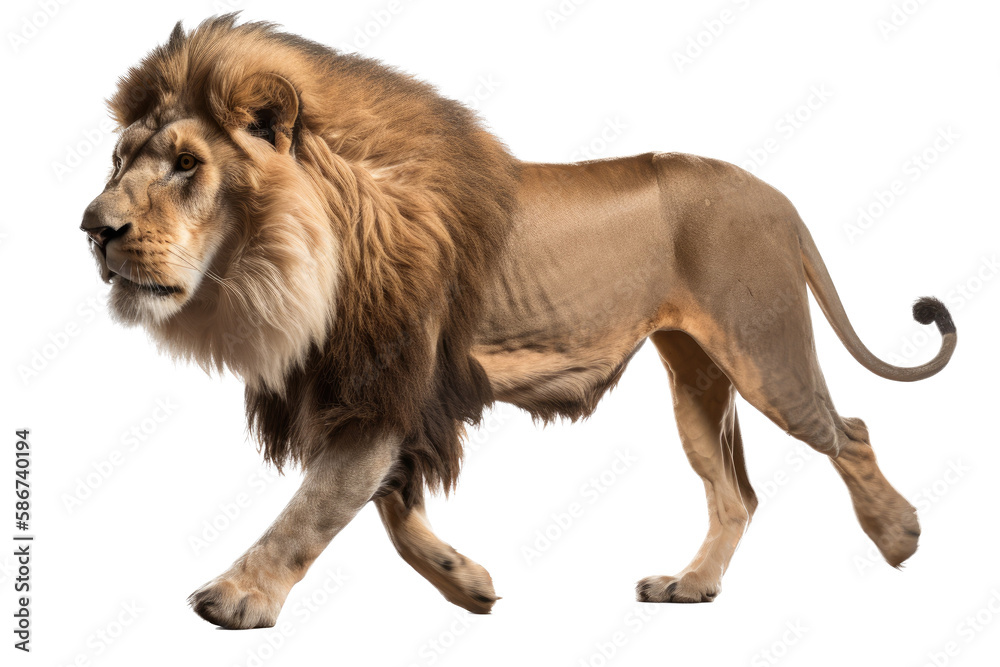Obraz premium an isolated lion walking side view, majestic, stalking prey, fierce jungle-themed photorealistic illustration on a transparent background in PNG. Panthera leo. King of the Jungle. Generative AI