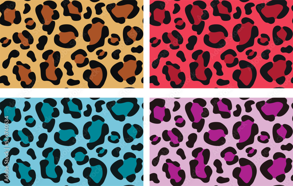 Set of four color leopard skin seamless  pattern. Trendy vector hand drawn cute wild animal skin color texture collection