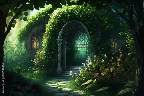 Green garden with flowers and sunlight. Generative AI.