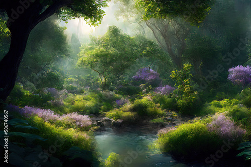 a painting of a forest with trees and flowers