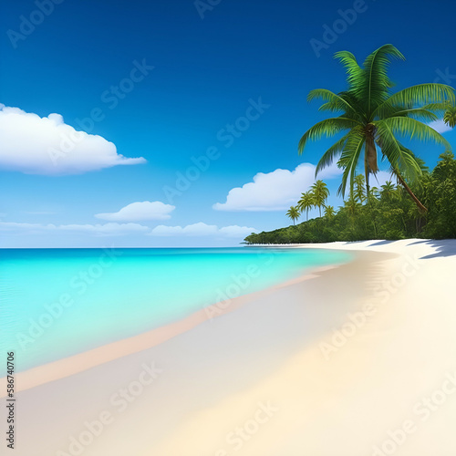 beach with palm tree - Ocean landscape - Ocean calm waves background for design - Generative AI