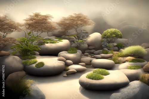 a scene with rocks and plants in a foggy area