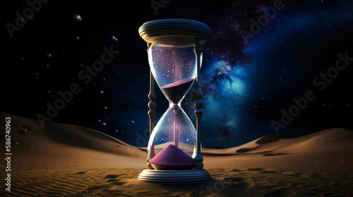 Hourglass with Purple Sand in Desert, Blue Galactic Cloud and Dark Sky, generative ai photo