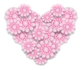 Isolated raster drawn heart made of 3D pink flowers.