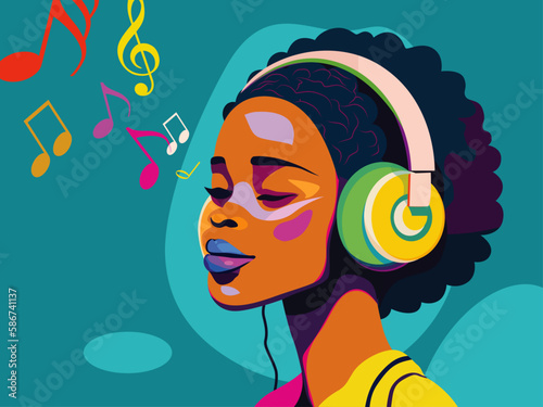 Soul Sounds: A Colorful Retro Vector poster Illustration depicting a Young Black Woman portrait Enjoying Music with Headphones and sound notes 