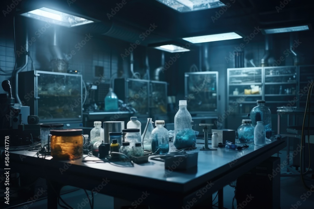 Naklejka premium In a Secure High Level Laboratory Scientists in a Coverall Conducting a Research Generative AI