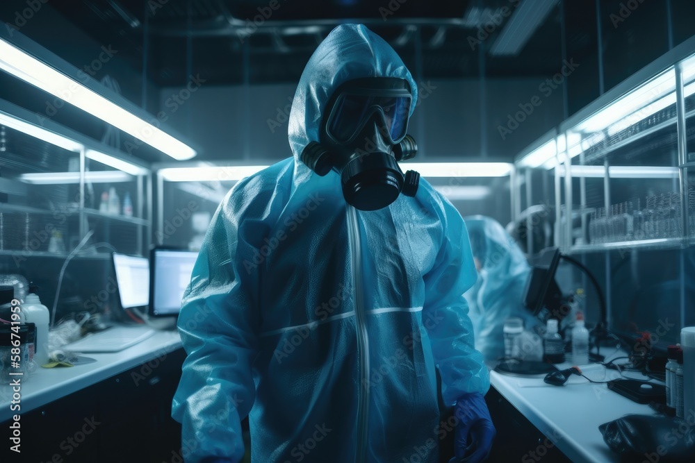 In a Secure High Level Laboratory Scientists in a Coverall Conducting a Research Generative AI In a Secure High Level Laboratory Scientists in a Coverall Conducting a Research Generative AI