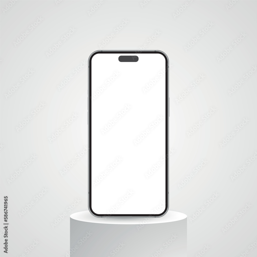 Realistic smartphone mockup with podium, high quality mobile phone front view, empty screen vector mockup Realistic smartphone mockup with podium, high quality mobile phone front view, empty screen vector mockup