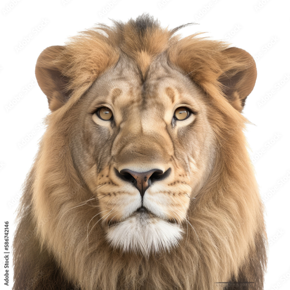 an isolated lion jungle cat FACE, FRONT-view portrait, safari-themed photorealistic illustration on a transparent background cutout in PNG, generative ai