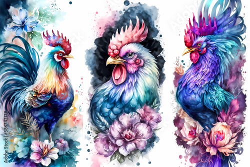Canvastavla Watercolor rooster with flowers