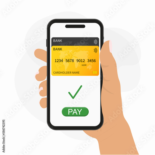 Pay online - vector illustration of phone with credit card and hand pushing pay button on white background. 