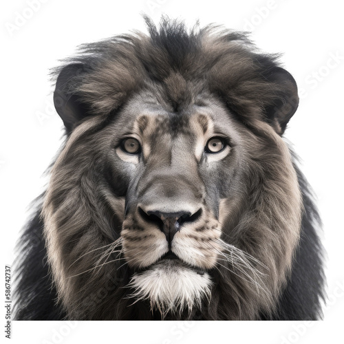 an isolated lion jungle cat FACE  FRONT-view portrait  safari-themed photorealistic illustration on a transparent background cutout in PNG  generative ai