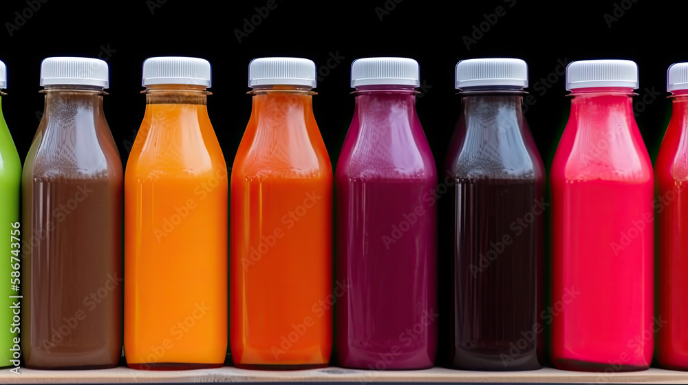 bottles of juice. Generative AI image. bottles of juice. Generative AI image.