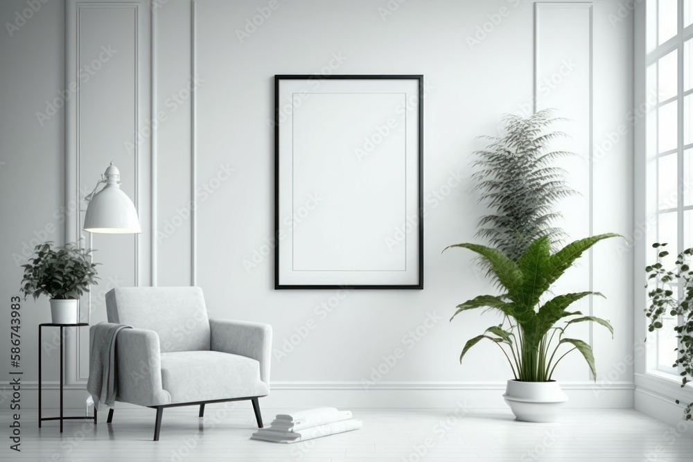 Mockup poster frame on the wall of living room. Modern interior design. Background with selective focus. AI generated Mockup poster frame on the wall of living room. Modern interior design. Background with selective focus. AI generated
