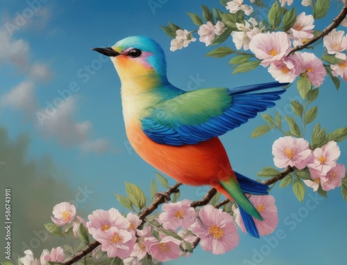 Colorful bird on top of beautiful flowers. AI generated, human enhanced. Background © top images