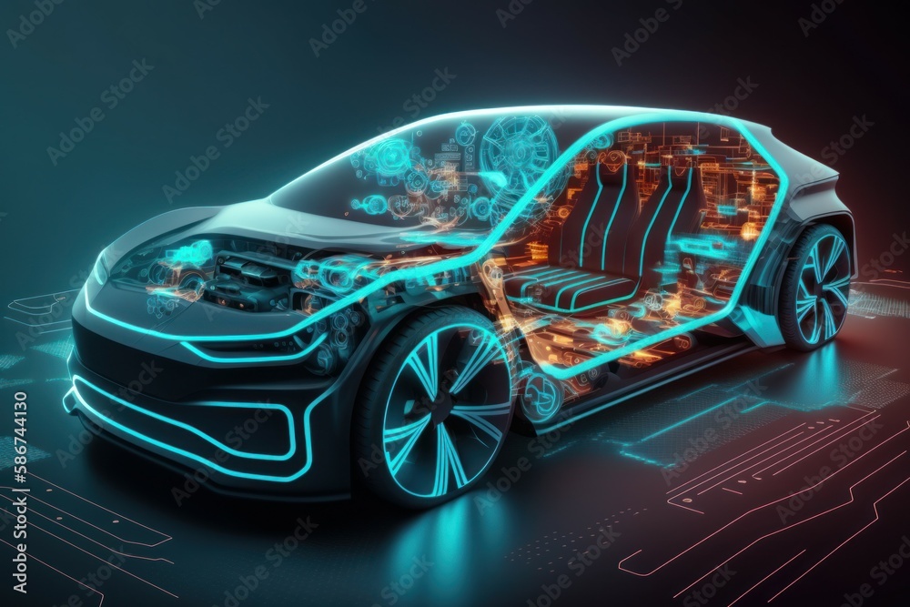 The concept of a modern electric car with autopilot. AI generated
