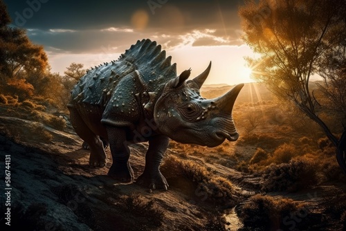 Majestic dinosaur in a fantasy landscape. AI generated  human enhanced
