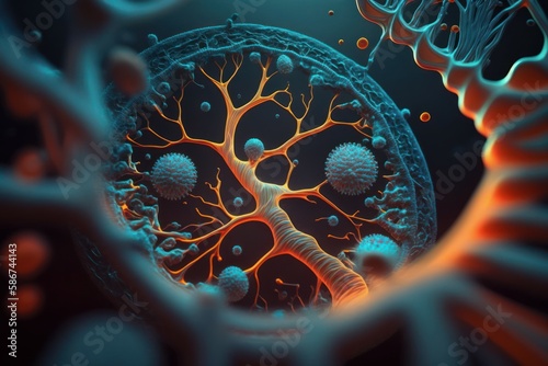 Biological cell close-up under a microscope. Nanobiotechnology concept. AI generated