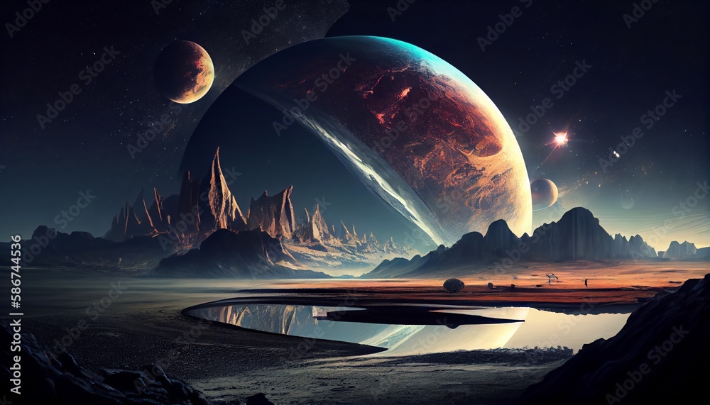 Futuristic fantasy landscape, sci-fi landscape with planet, neon light,  cold planet. Galaxy, unknown planet. Illustration Stock | Adobe Stock