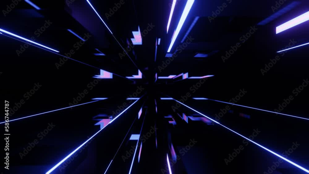 Fly through technology cyberspace with neon glow. Sci-fi flight through hi-tech technology tunnel. Hologram and neon light. 3d looped seamless 4k bright background. Data flow