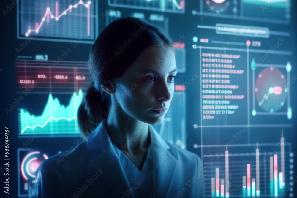 Woman doctor in a virtual analytical data center of futuristic medicine. AI generated, human enhanced Woman doctor in a virtual analytical data center of futuristic medicine. AI generated, human enhanced