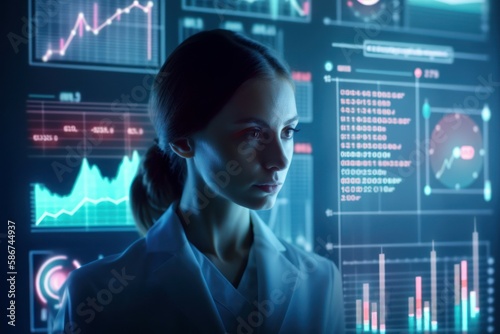 Woman doctor in a virtual analytical data center of futuristic medicine. AI generated, human enhanced