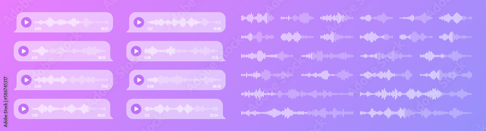 Voice, audio message, transparent speech bubbles. SMS text frame. Social media chat or messaging app conversation. Voice assistant, recorder. Sound wave pattern. Vector illustration