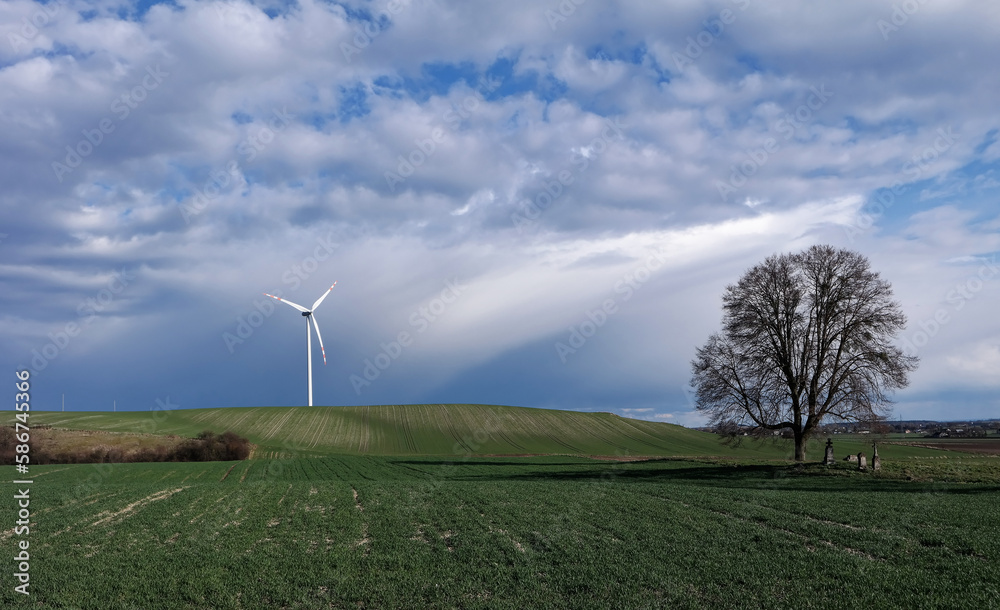 Fototapeta premium Farma wiatrowa, elektrownia źródeł odnawialnych w deszczowy wiosenny dzień.