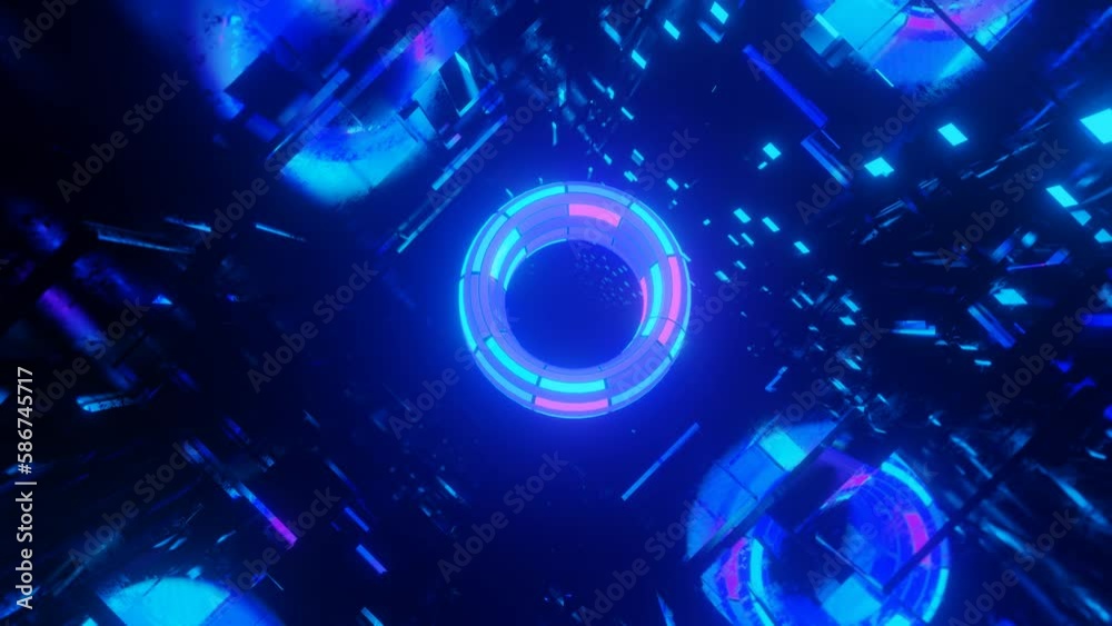 torus. 3d object or structure rotates and moves inside glass mirror tunnel with neon light, bright reflections. Fantastic abstract bg looped in 4k. Vj for show. Sci fi bg fly through hi tech tunnel