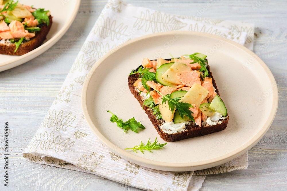 Smorrebrod, an open sandwich on rye bread with boiled salmon, fresh cucumber, cream cheese, apple and herbs on a ceramic plate on a light concrete background. Danish cuisine. Smorrebrod, an open sandwich on rye bread with boiled salmon, fresh cucumber, cream cheese, apple and herbs on a ceramic plate on a light concrete background. Danish cuisine.
