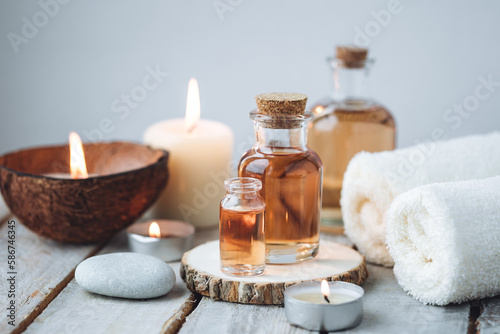 Fotobehang Concept of spa treatment in salon with pure organic natural oil