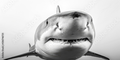 Black and white close up of a shark, light background, Generative AI