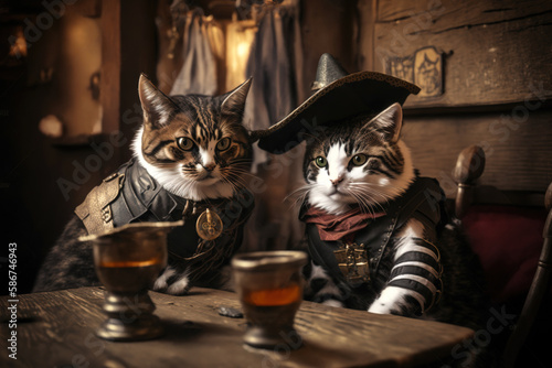 Cats wearing pirate clothes sitting in old vintage tavern, funny pets, generative AI. photo