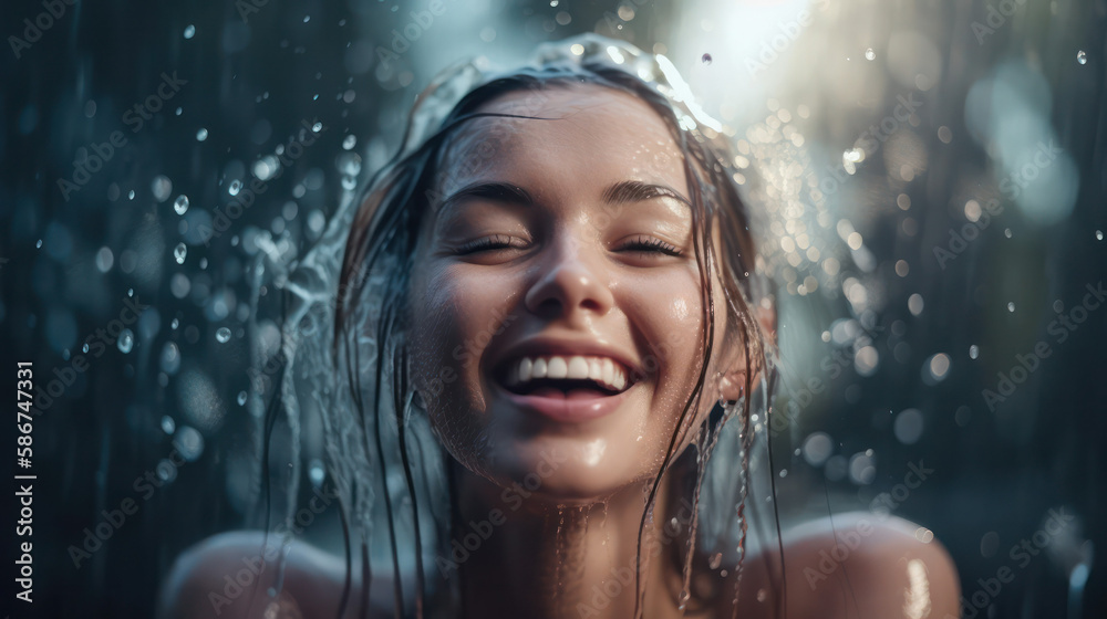Fototapeta premium happy young woman laughing while getting wet in the sea or pool on a sunny day. generative AI