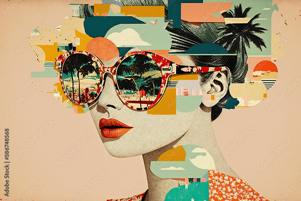 Trendy woman wearing huge sunglasses. Creative clip art collage. Generative AI - obrazy, fototapety, plakaty 